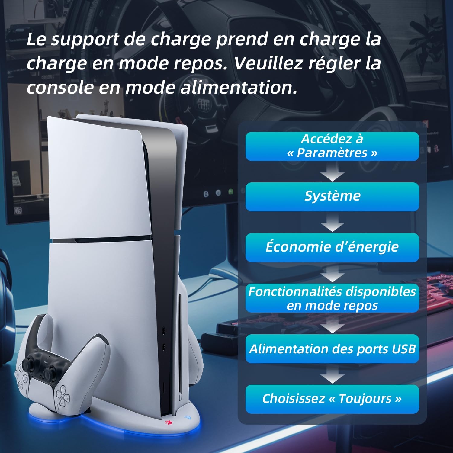 Wigearss PS5 Slim Ventilateur Station de Refroidissement, Support de Charge Vertical avec Chargeur Double Manette avec Vitesse de Ventilation Réglable sur 3 Niveaux, Lumières RGB(Pas pour PS5/PS5 Pro)