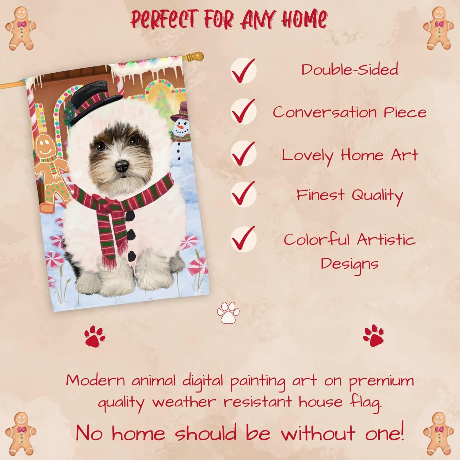 Doggie of the Day Biewer Dog House Flag - Christmas Gingerbread Snowman - Holiday Outdoor Double Sided Pet Portrait Home Garden Decor 28"w x 40"h