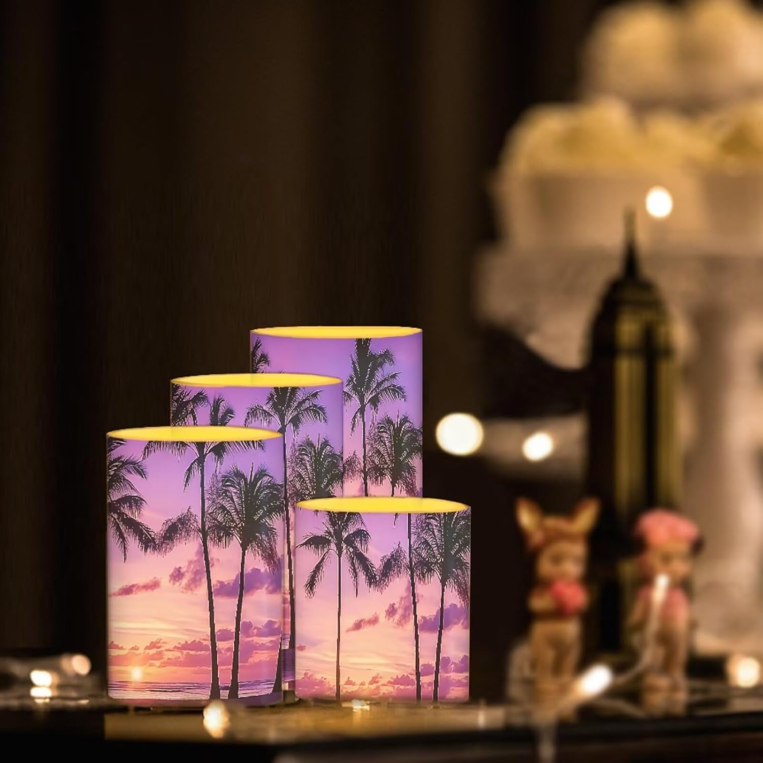 Tropical Palm Trees Purple Sunset LED Flickering Pillar Candles for Home Decor 4 Packs Flameless Candles with Remote and Timer