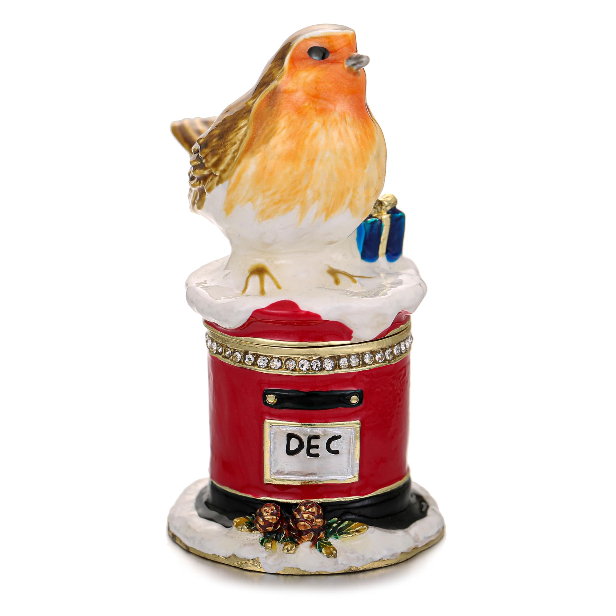 Vie Jeune Red Sparrow On Postbox Hand Painted Christmas Trinket Box For Home Decor Accents, Enamel Hinged Jewelry Box For Bookshelf Office Table Desk Decor, Classical Figurine Collectible Keepsake Sculptures (Red Sparrow On Postbox)