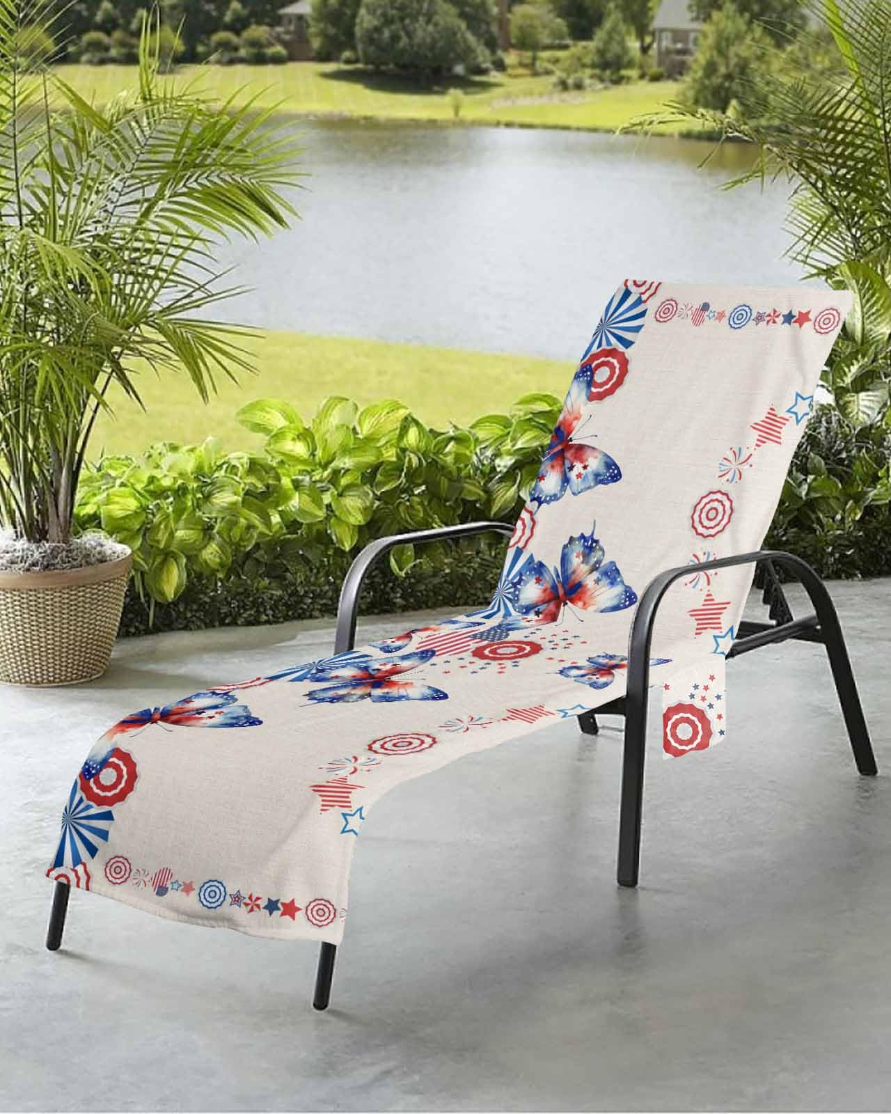 4th of July Beach Chair Towel Covers for Chaise Lounge with Side Pocket, Soft Plush Pool Towels Cover for Patio Sunbathing Outdoor 29''x85'' Farmhouse Vintage Red Blue Stripes Stars
