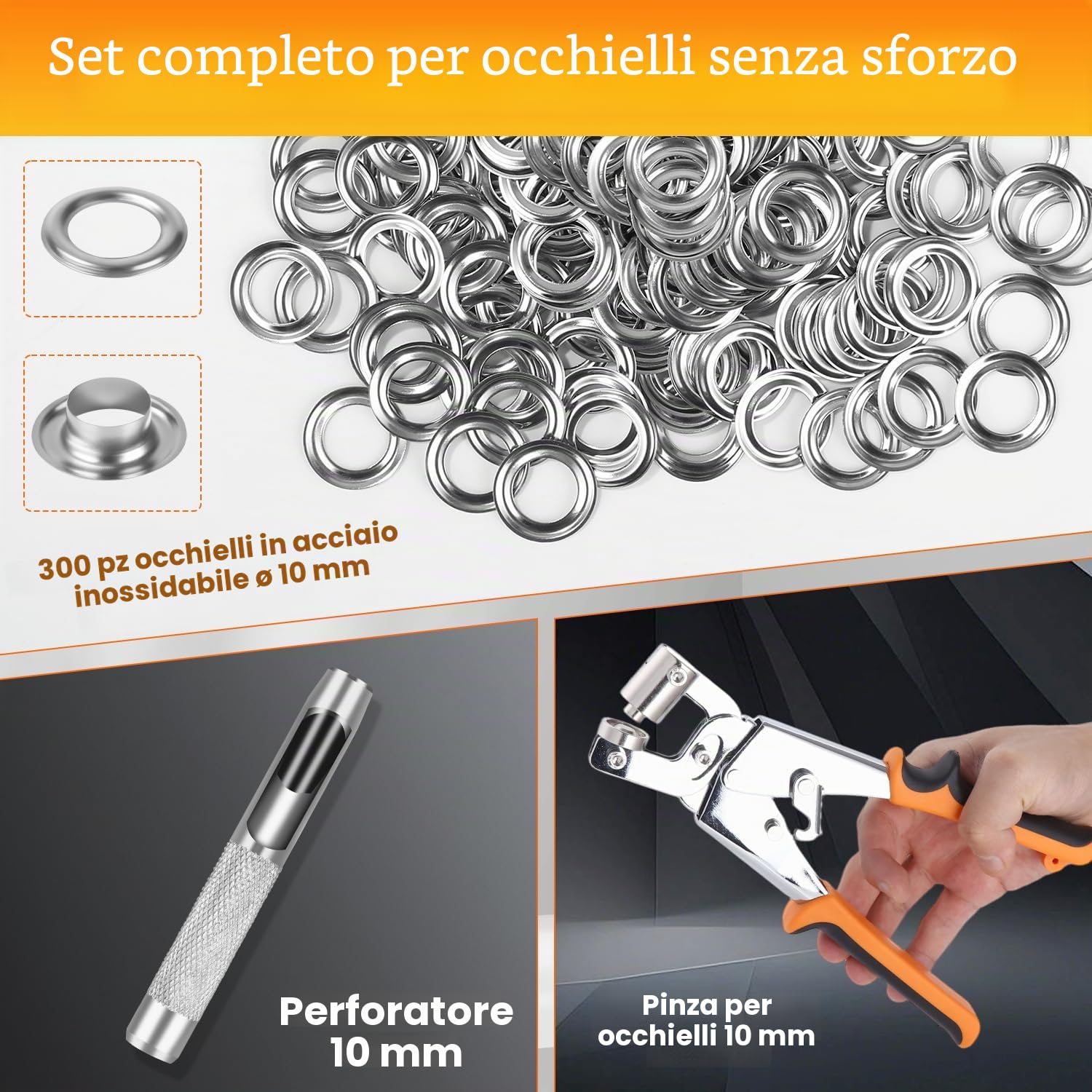 Pinze per Occhielli per Teloni e Tessuti,Set di Occhiellatrice per Teloni Professionali con 300 Occhielli (Ø 10 mm),Occhiellatrice Manuale con Magneti per Occhielli in Acciaio