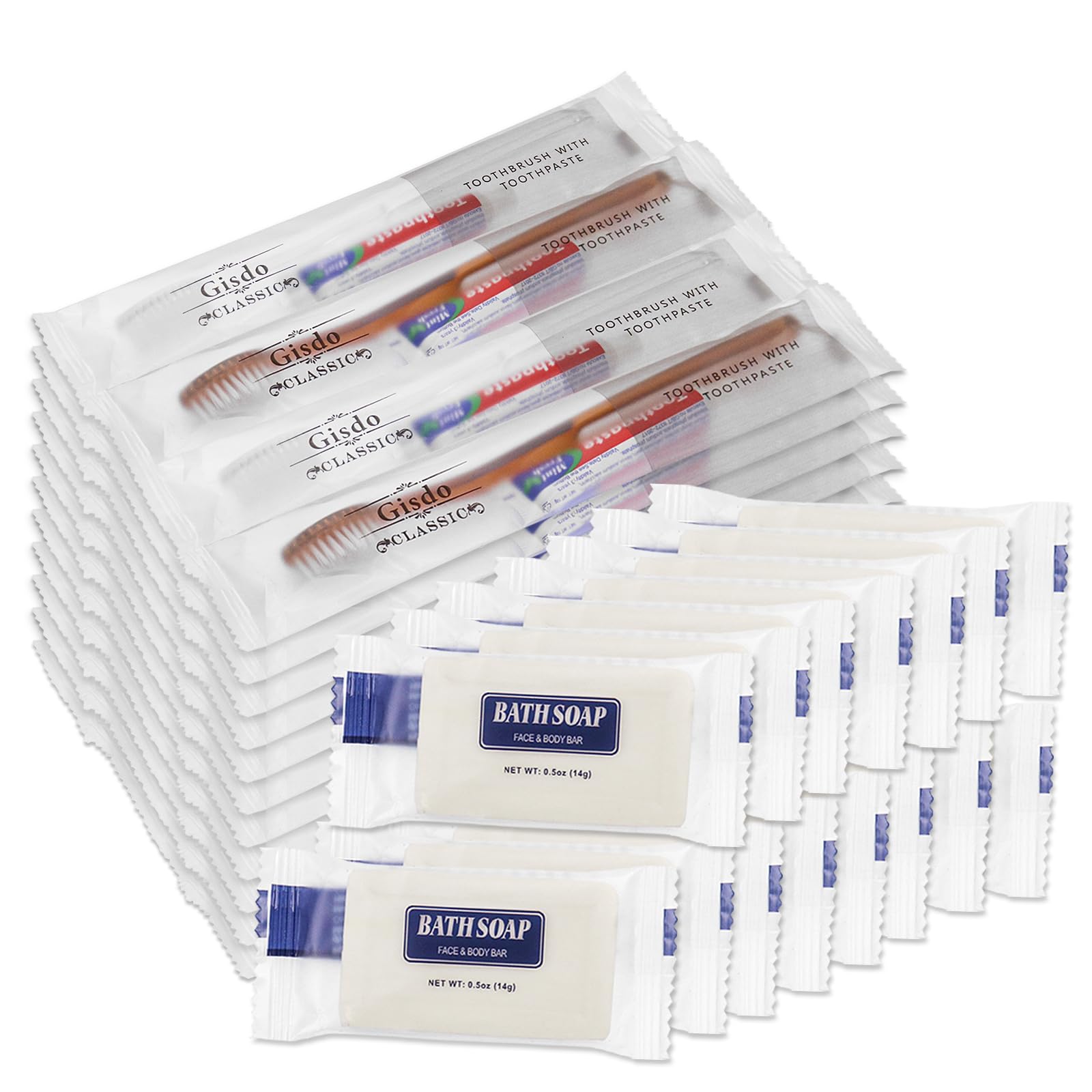 Confezione da 50 spazzolini da denti usa e getta con dentifricio e sapone confezionati singolarmente, kit di igiene personale da viaggio per servizi alberghieri, host Airbnb, senzatetto, viaggi