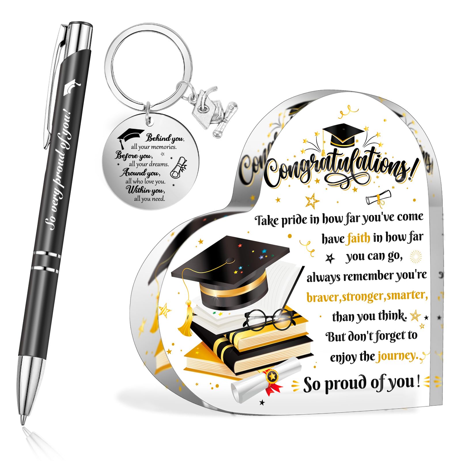 HOWAF Graduation Heart-Shaped Acrylic Plaque, Graduation Keyring, So Proud Of You Ballpoint Pen & Gift Bag