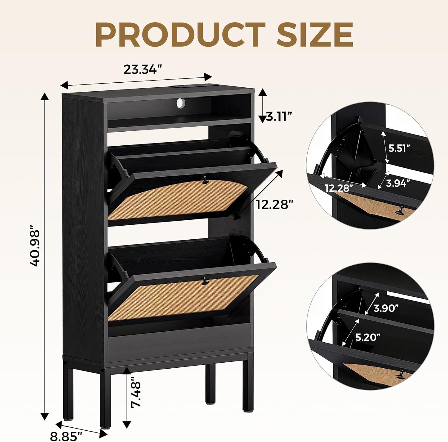 COMHOMA Shoe Cabinet with Charging Station, Flip Down Shoe Storage Organizer with Adjustable Shelves, Hidden Slim Shoe Rack with Anti-Tip Kit for Entryway or Hallway (Black Rattan)