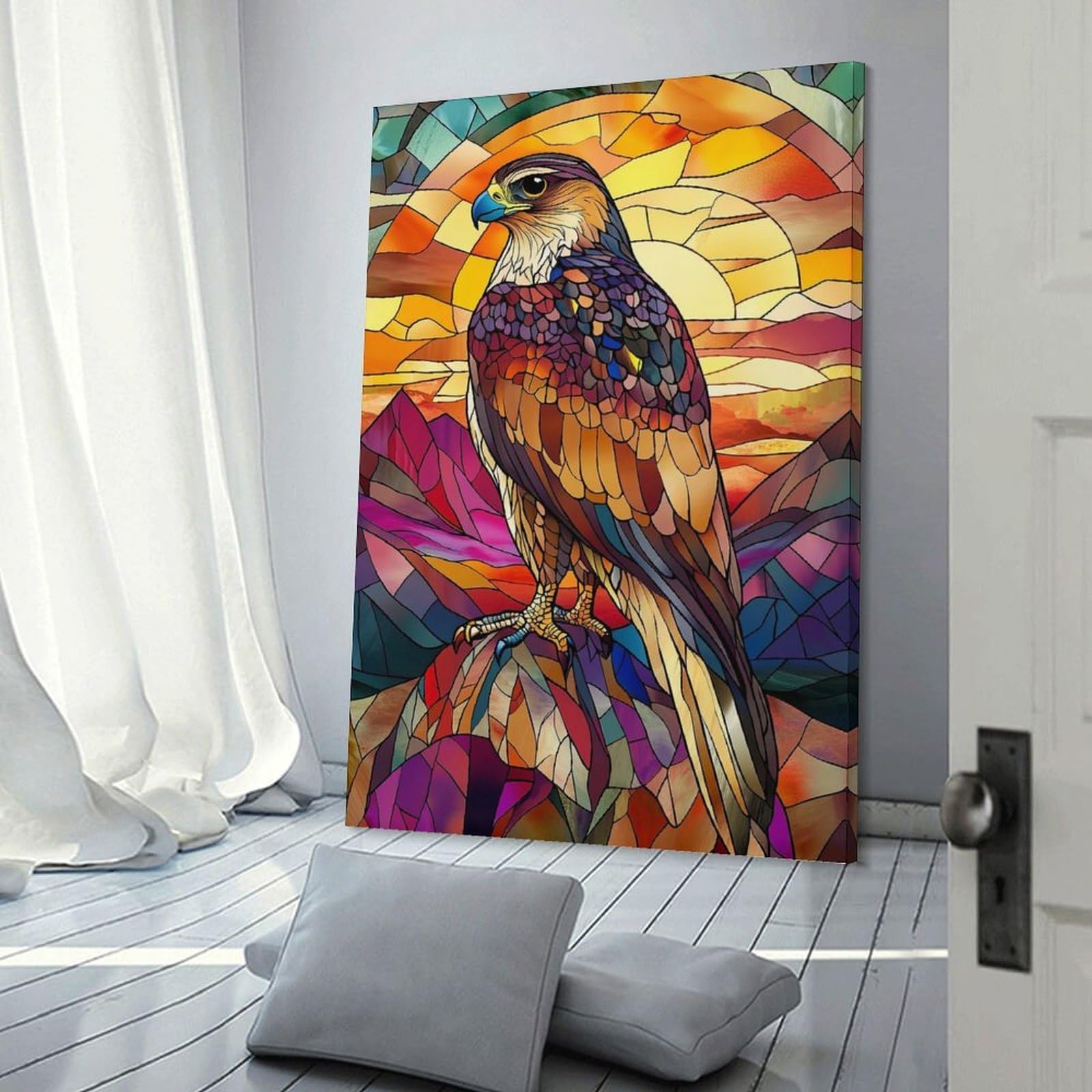 Junmoney Stained Glass Falcon Wall Picture Print 12x18inch(30x45cm), for Bedroom Decor, Cosy Corners Or Studios, Home Artwork with A Soft Interior Feel