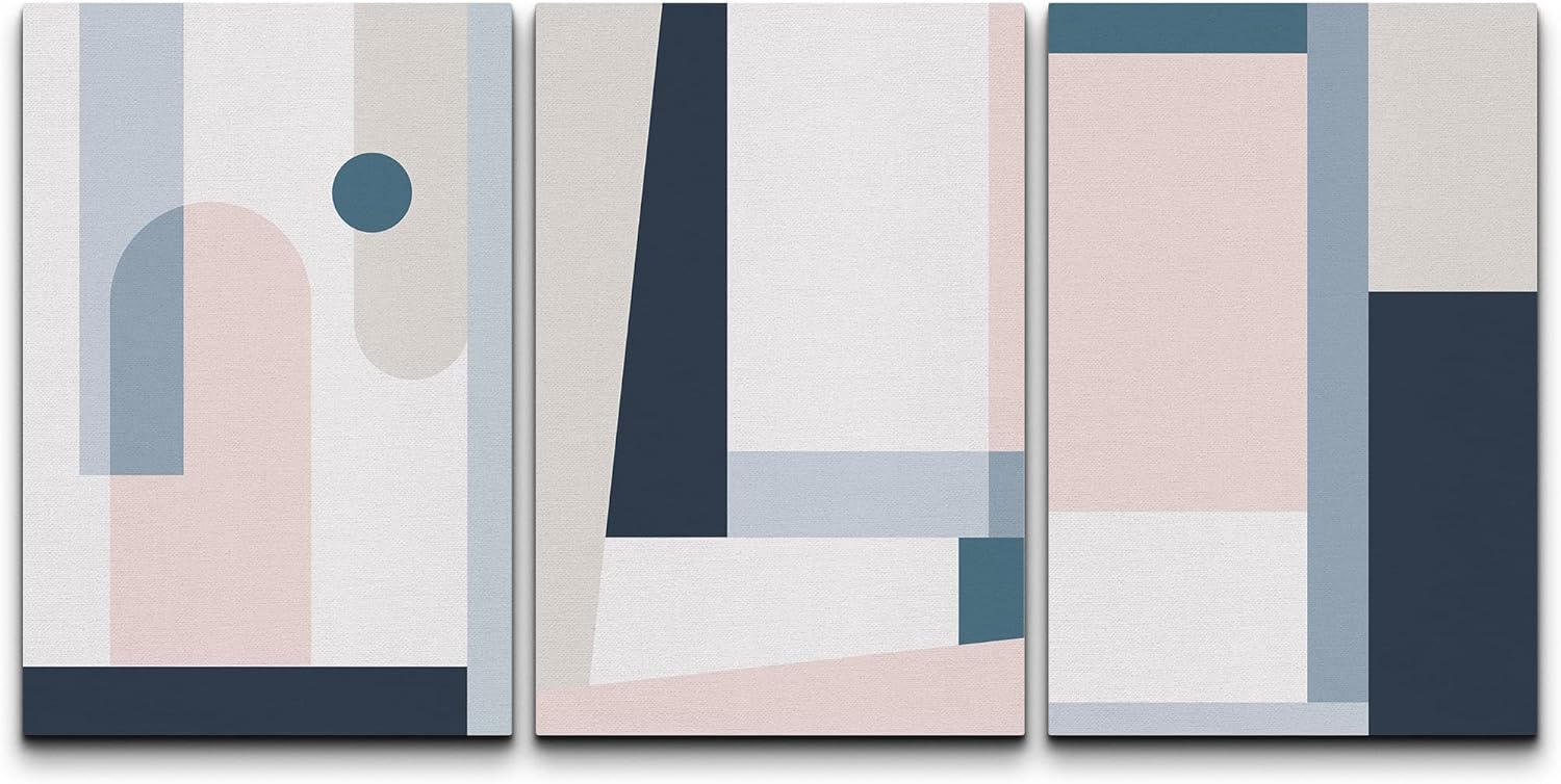 NWT Canvas Print Wall Art Set Pastel Geometric Mid-Century Color Blocks Abstract Shapes Illustrations Minimalism Decorative Contemporary for Living Room, Bedroom, Office - 24"x36" x 3