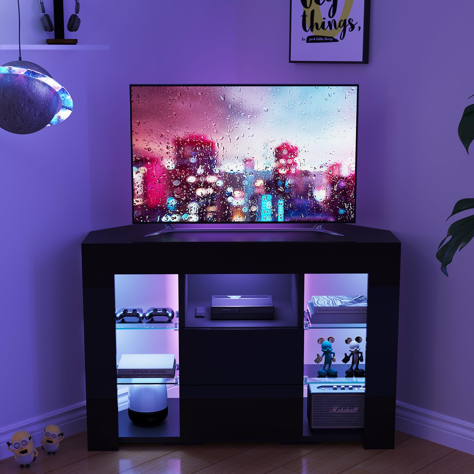 Dripex Mobile TV ad Angolo con Luci LED, Mobile Porta Televisore con Ripiani di Vetro Aperti, 2 Scomparti con Ante 100x68x40 cm, Nero