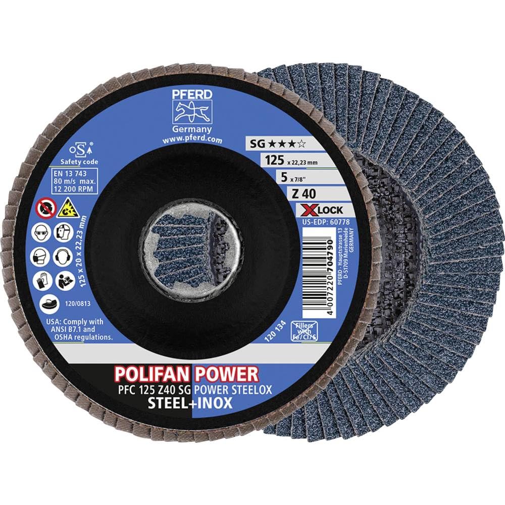 PFERD Lot de 10 disques à lamelles Polifan Power - 125 mm - Z40 - X-Lock (22,23 mm) - SG STEELOX - 67784126 - Pour une efficacité maximale grâce à une coupe agressive.