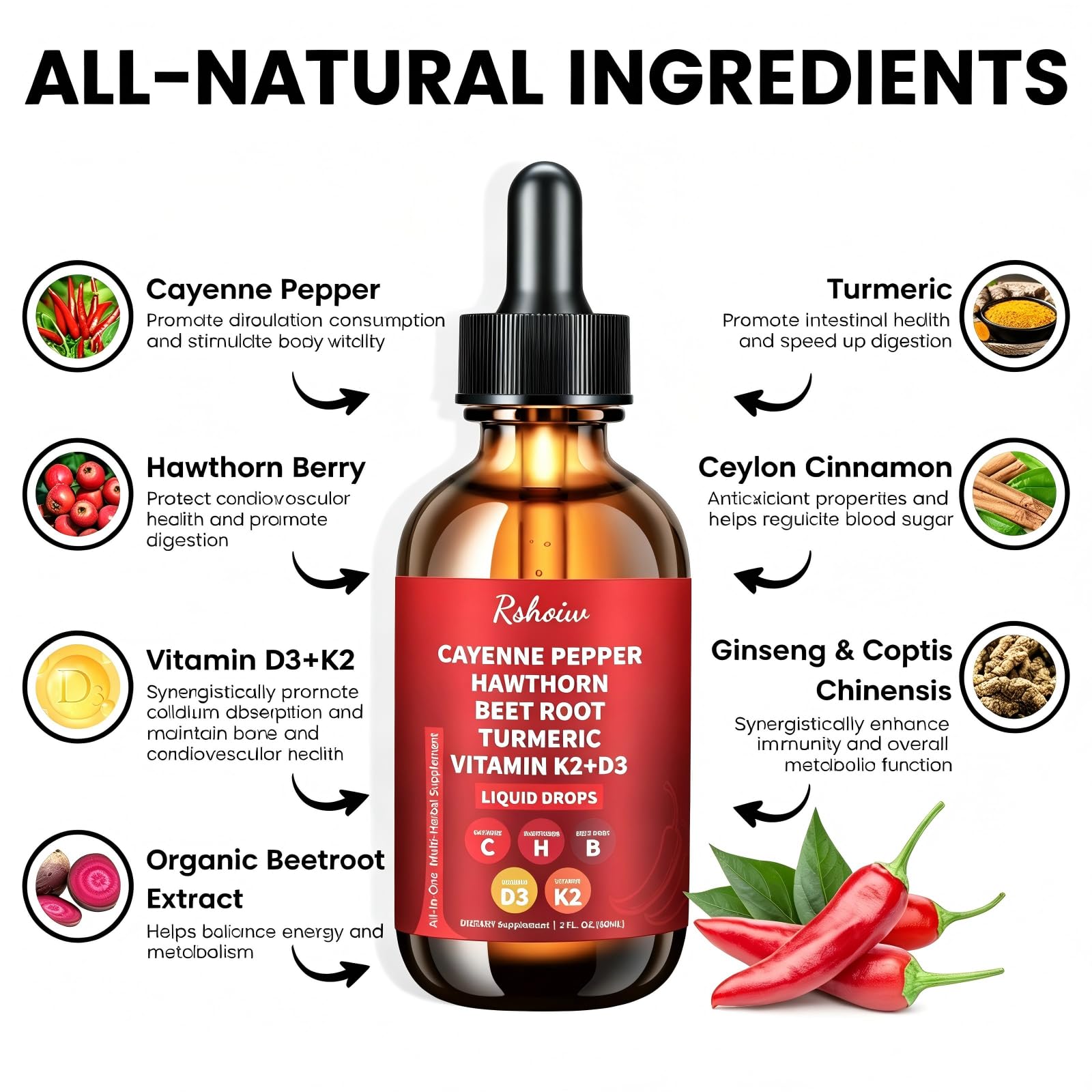 Cayenne Pepper Drops, Hawthorn, Beet Root, Turmeric, Vitamin D3 & K2 — Amazon image 2