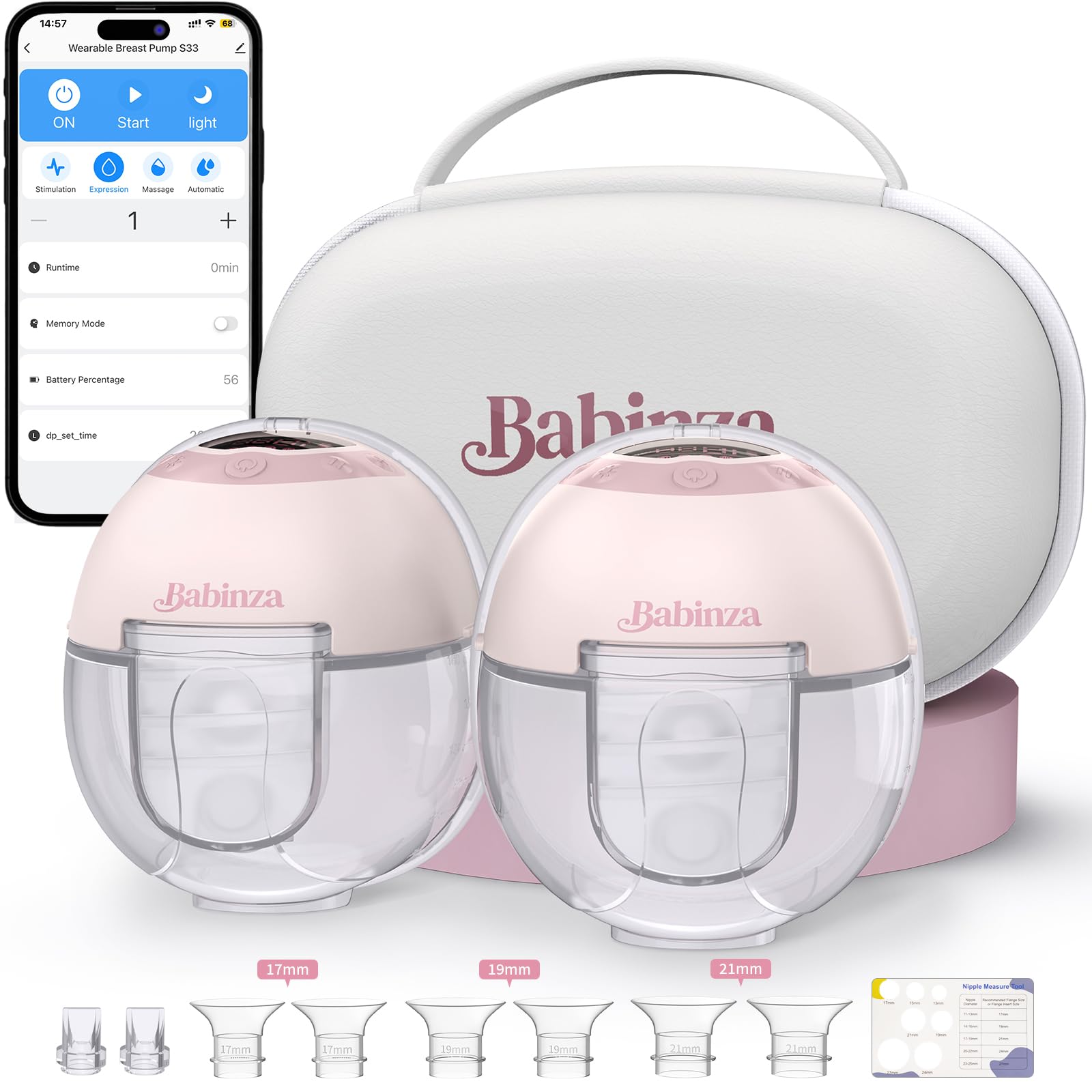Tiralatte indossabile, flusso mobile aggiornato a mani libere, S33, controllo discreto con app con 3 modalità e 15 livelli, tiralatte elettrico portatile con flangia da 17/19/21/24 mm, design a prova