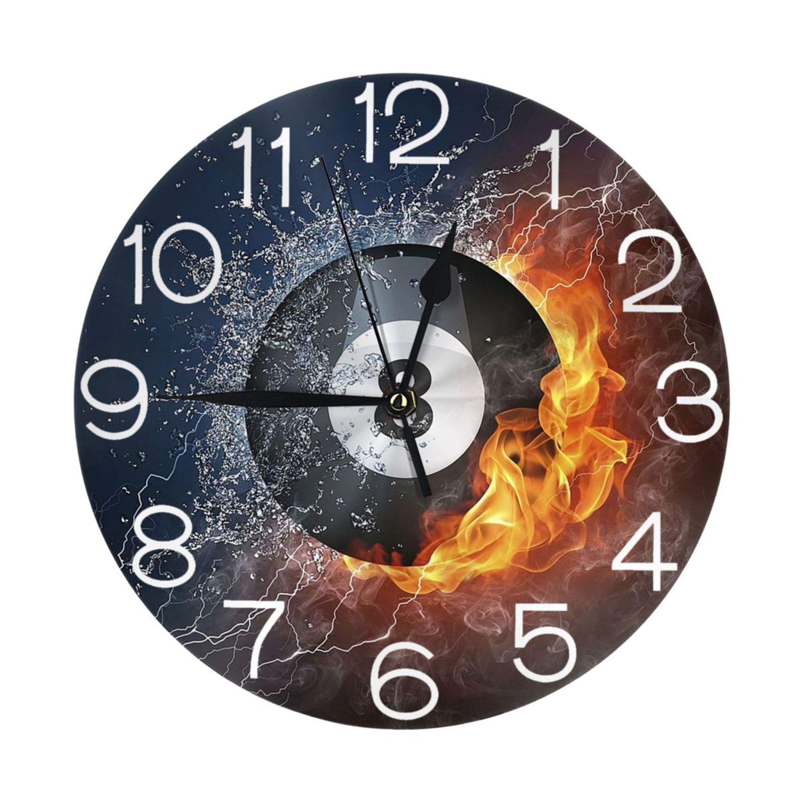 Billiard Ball in Ice Fire Wall Clock Silent Non-Ticking 10 Inch Round Wall Clock Home Decor Clock Art for Living Room Kitchen Bedroom