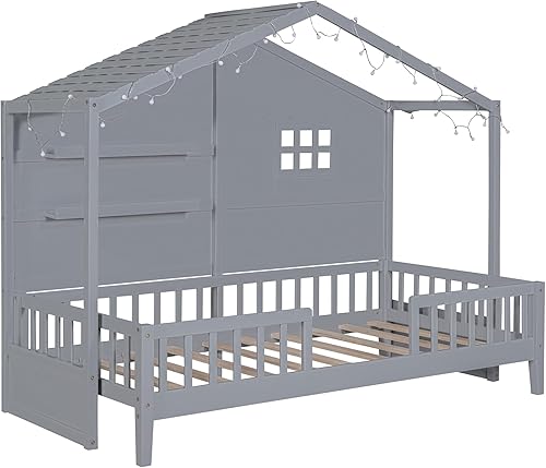 Miniatura 58 de RUNNA Marco de cama de madera de tamaño matrimonial con valla, para niños, adolescentes, niñas, niños, (Natural-Thinck 4col) Natural-Thinck