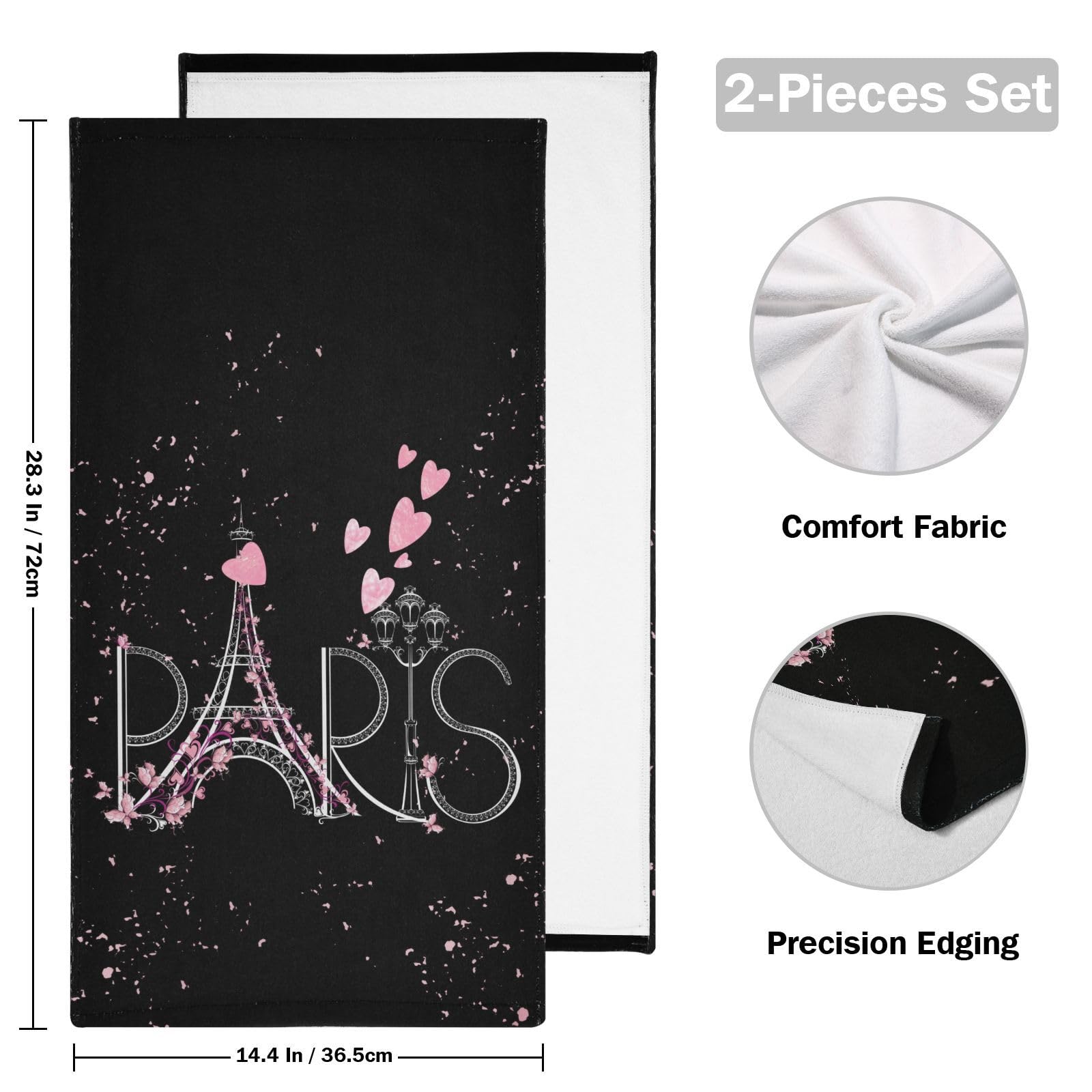 HUAZHIKOU Eiffel Tower Chic Paris Hand Towels for Bathroom Set of 2 Romantic Theme Black Pink Face Towels Microfiber Modern French Kitchen Towels Decorative Bathroom Towel for Shower Guest 14