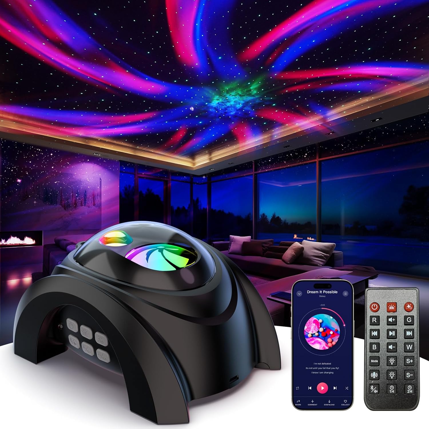 Rossetta Galaxy Projector, 58 Lighting Effects Star Projector Bluetooth Speaker White Noise Night Light, Galaxy Light Projector with Remote Control and Timer for Ceiling, Home Decor, Kids Room, Party Space Black