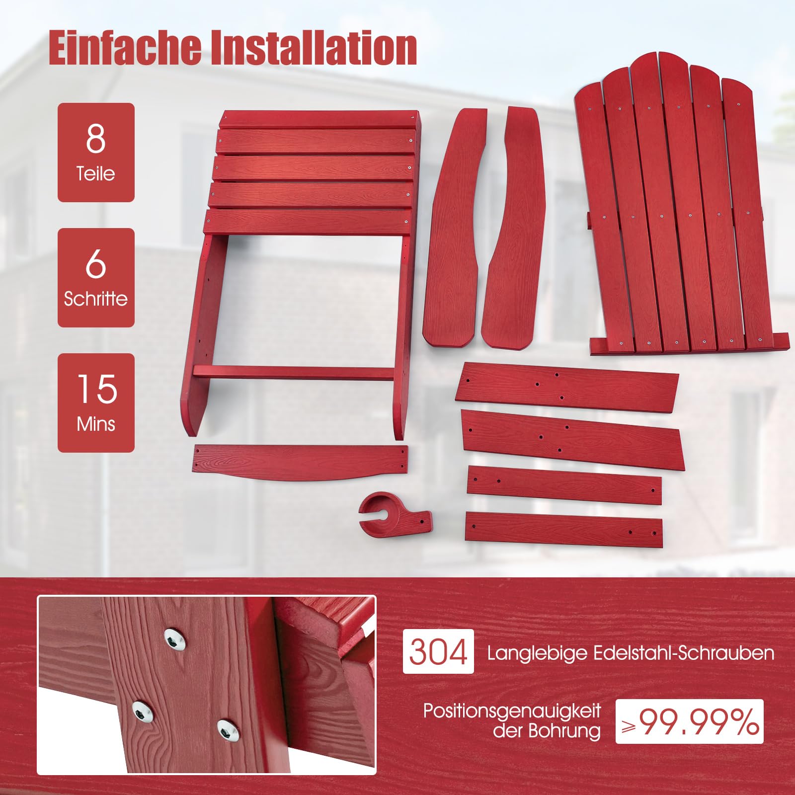 COSTWAY Adirondack Stuhl mit Getränkehalter, wetterfester Gartenstuhl, Gartensessel aus Kunststoff, Outdoor-Stuhl für Garten, Terrasse, 170 kg Tragfähigkeit (Rot)