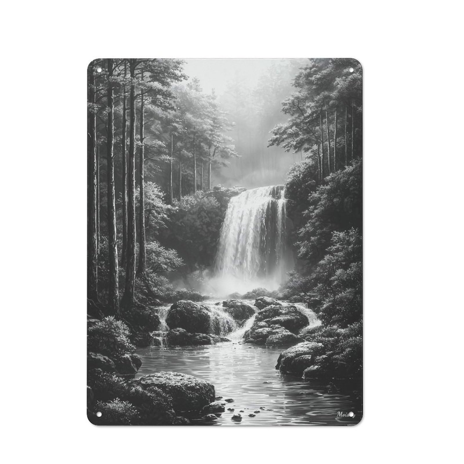 Junmoney Tranquil Waterfall In Misty Forest - Charcoal Metal Wall Sign 40X30cm Featuring Art For Café Or Home Bar, For Metal Sign Collectors, For Garage And Workshop Walls
