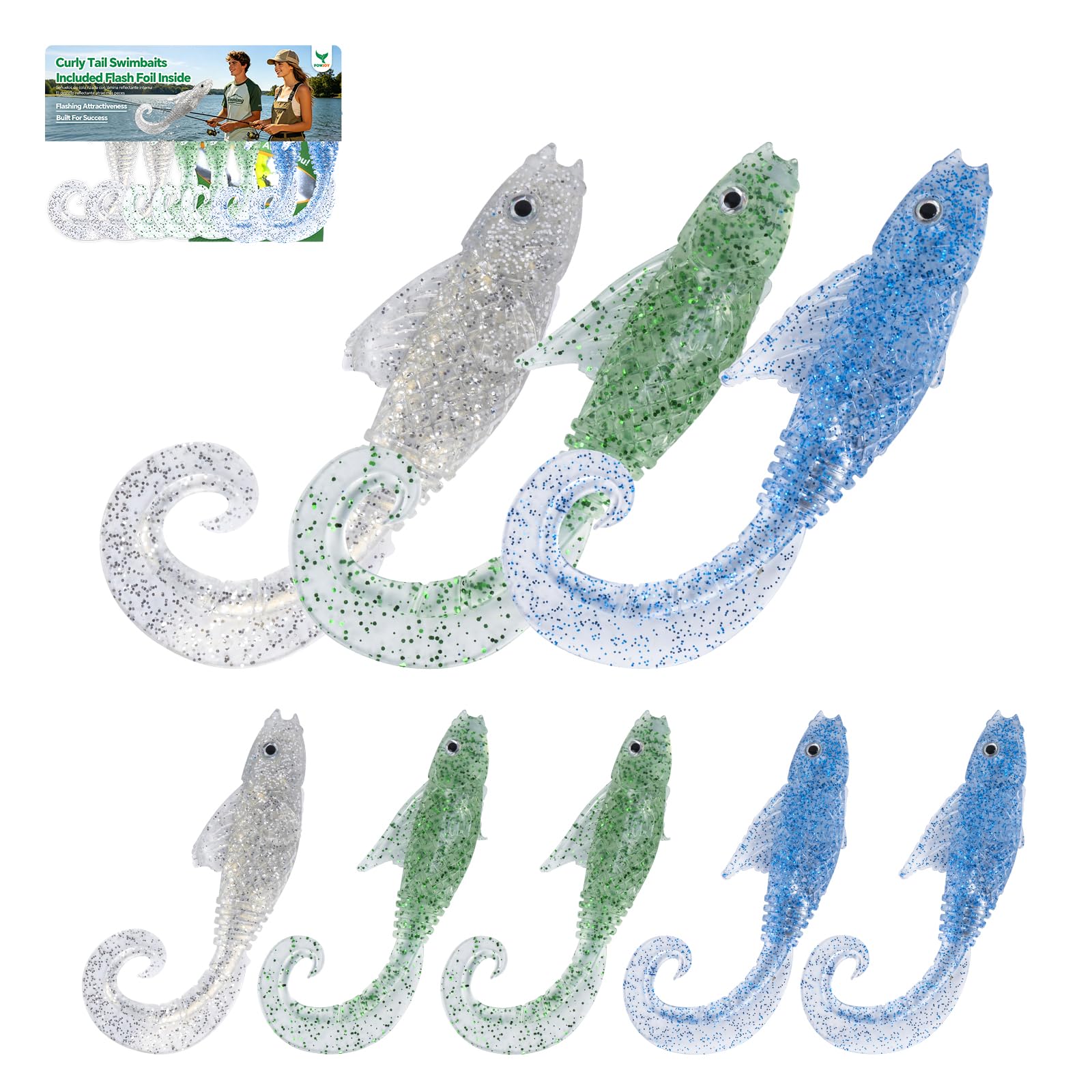 POWJOY 5inch Internal Reflective Foil Shell Curly Tail Swimbaits for Bass