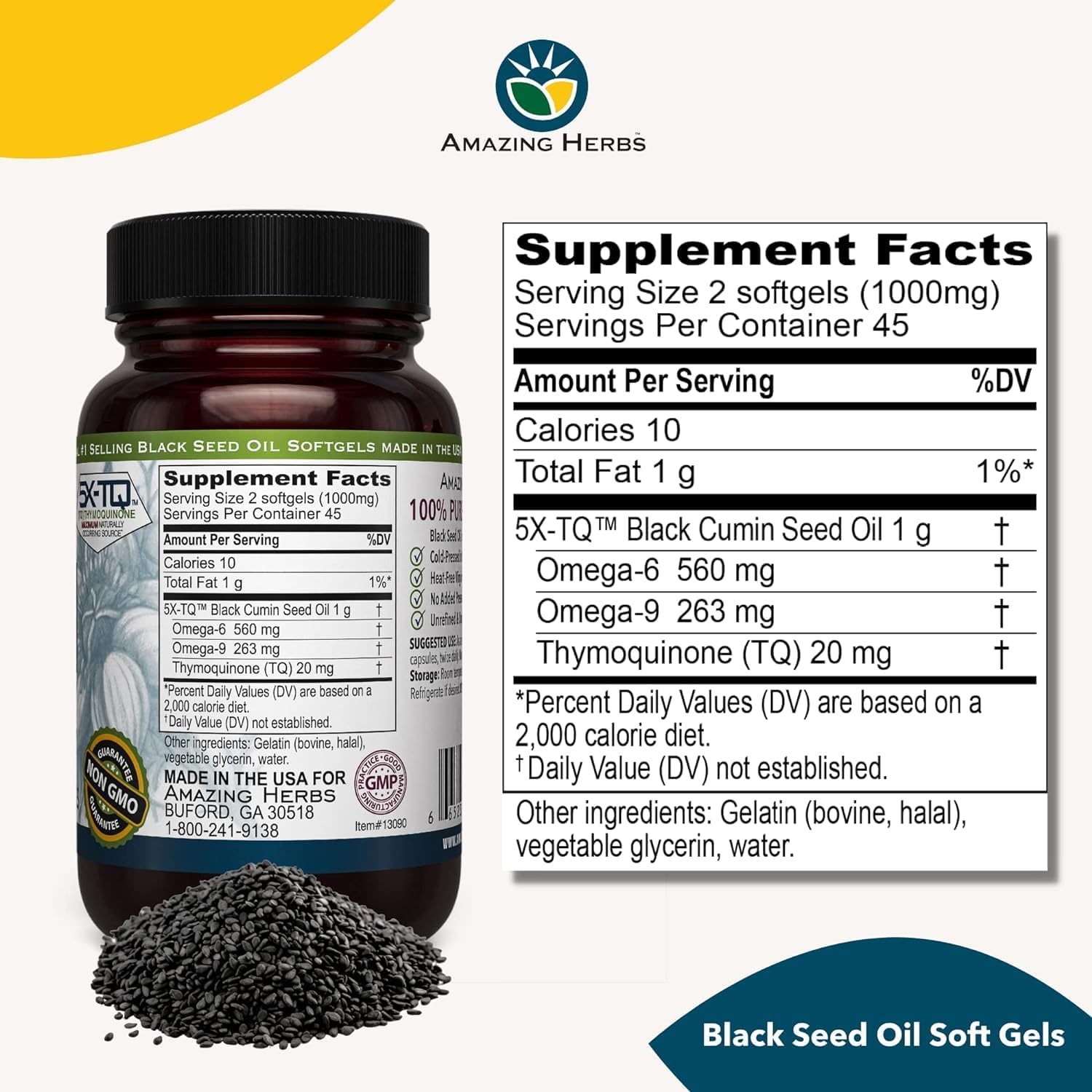 Amazing Herbs Premium Black Seed Oil Capsules - Gluten Free, Non GMO, Cold Pressed Nigella Sativa Aids in Digestive Health, Immune Support- 90 Count, (Pack of 2) - Image 2