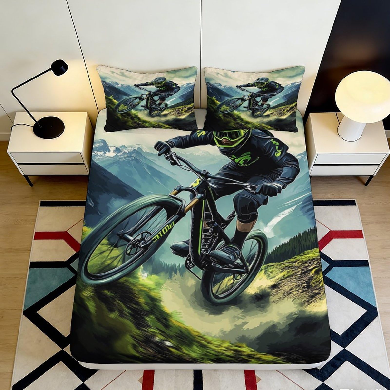 3D Printed Mountain Biker Fitted Sheet Microfiber Soft Breathable Extreme Cycling Bed Cover for Bedroom Guest Room Mattress Protection Decor 120x200x25cm