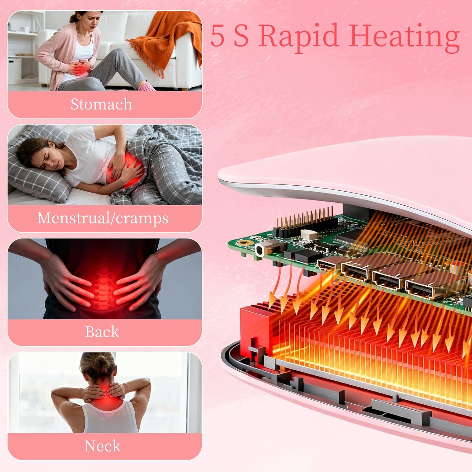 Portable Heating Pad for Period Cramps Relief Vibrating Menstrual Heating Belt for Women, Rechargeable Fast Heat with 6 Heat Levels and 6 Modes for Menstrual, Pain Relief for Back & Stomach (Pink)