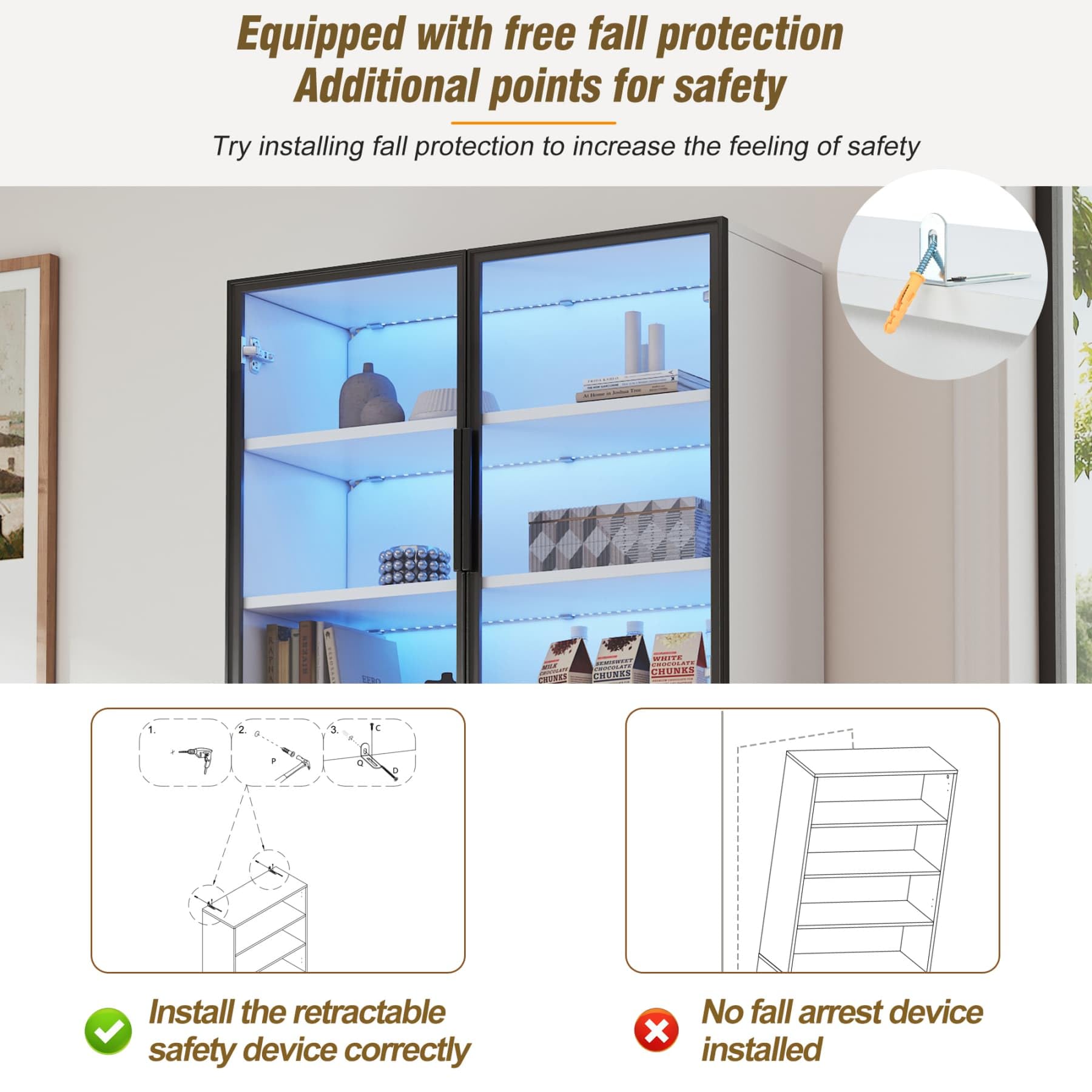 YEHTOKHOME Vitrina con LED y 2 puertas de cristal (blanco) | Cajón, estantes ajustables, biblioteca para libros y colección, para salón, dormitorio u oficina