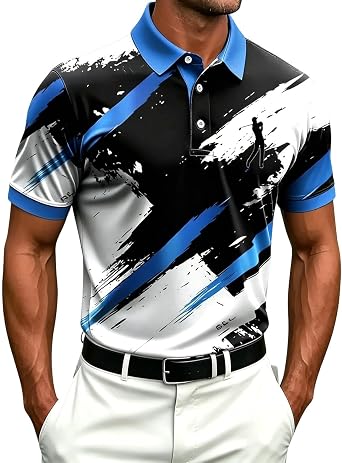 Mens Polo Golf T Shirt Short Sleeve Shirts Button Sports Geometry Print Top