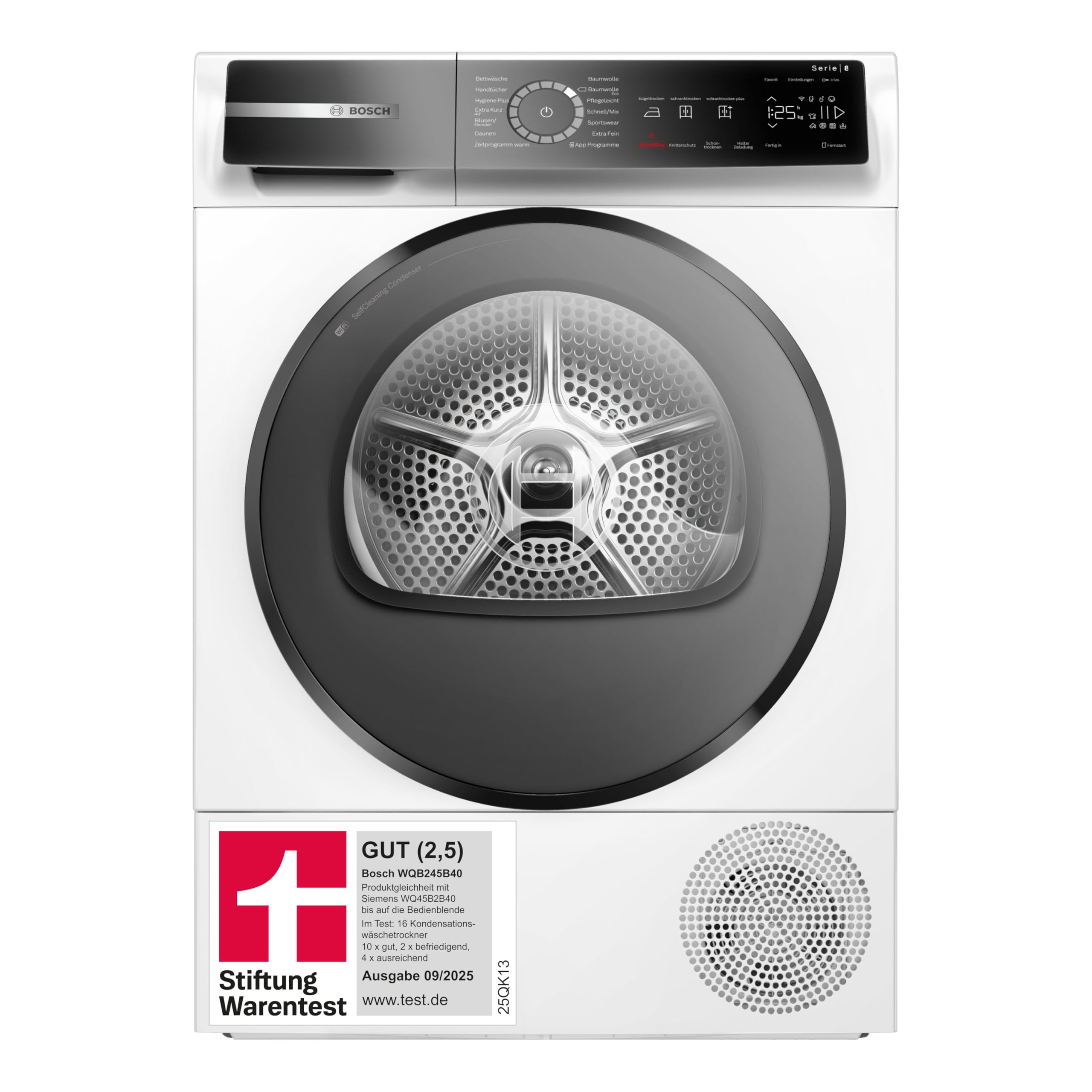 Bosch WQB245B40, Stiftung Warentest GUT (2,5)*, Serie 8 Smarter Wärmepumpentrockner 9 kg, AutoDry Sensorgesteuerte Trocknung, SmartDry Programmautomatik, LED-Display, Selbstreinigender Kondensator
