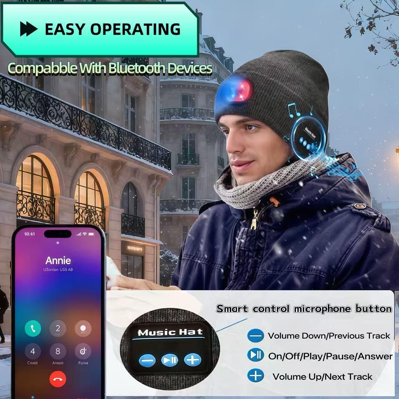 Bluetooth Beanie with Light | Unisex Gift for Men, Women,Wireless Headphones & Headlamp for Fishing Jogging Working - Image 5