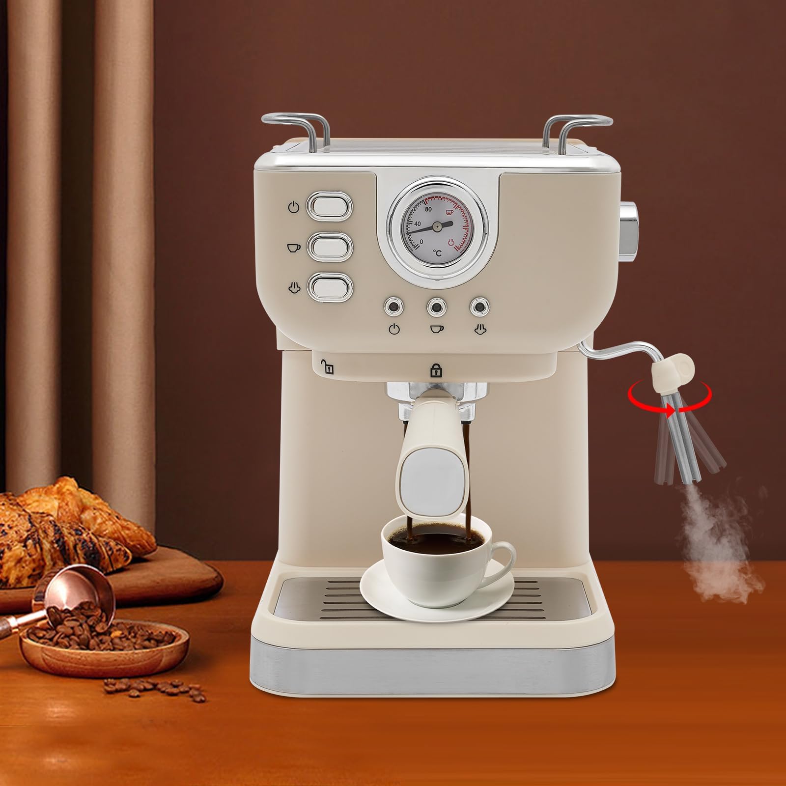 Cafetera de espresso de 1050 W, 20 bares, con espumador de leche y calentador de tazas, depósito de agua de 1,5 l, cafetera compacta y cafetera expreso para el hogar y la oficina, color blanco