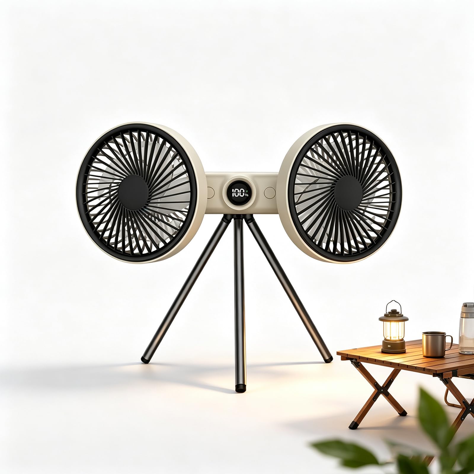 Ventilador de camping de doble cabezal orientable con trípode y batería 3600mAh