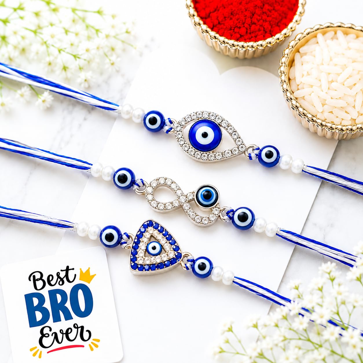 eCraftIndia Set of 3 Diamond Evil Eye Rakhis | Best Bro Ever Fridge Magnet | Roli Chawal Pack | Evil Eye Rakhi for Brother Bhaiya Bhai Bhabhi Kids