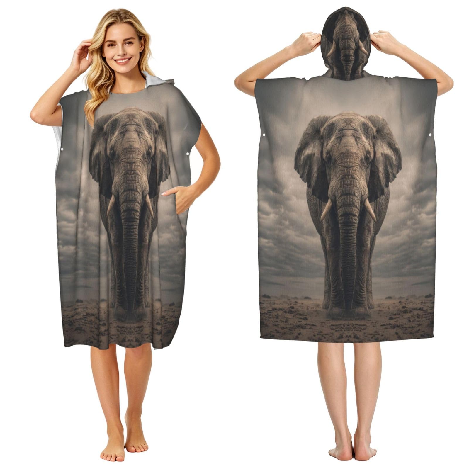 The Elephant On The Grassland Adult Hooded Beach Poncho Towel 43"X35"