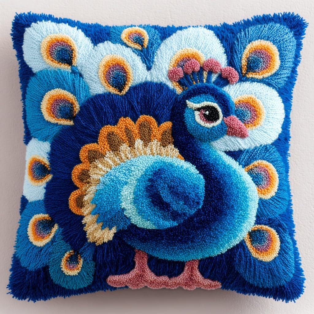 AMBATTERY Latch Hook Kits Pillow Blue Peacock Printed Cushion Crochet Yarn Needlework DIY Hook Latch Kit Pillowcase Rug Cover Embroidery Pillowcase Rug Cover 43x43cm