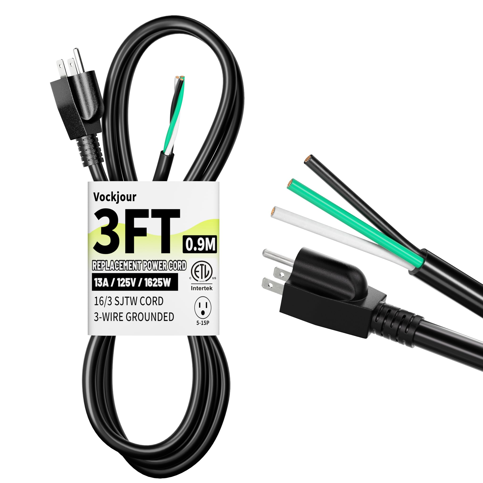 Vockjour 3 ft 16/3 Appliance and Power Tool Cord, 16 AWG 3 Prong Black Heavy Duty Replacement Power Cord with Open End, NEMA 5-15P, 125V AC Pigtail, 13A 1625W, ETL Listed