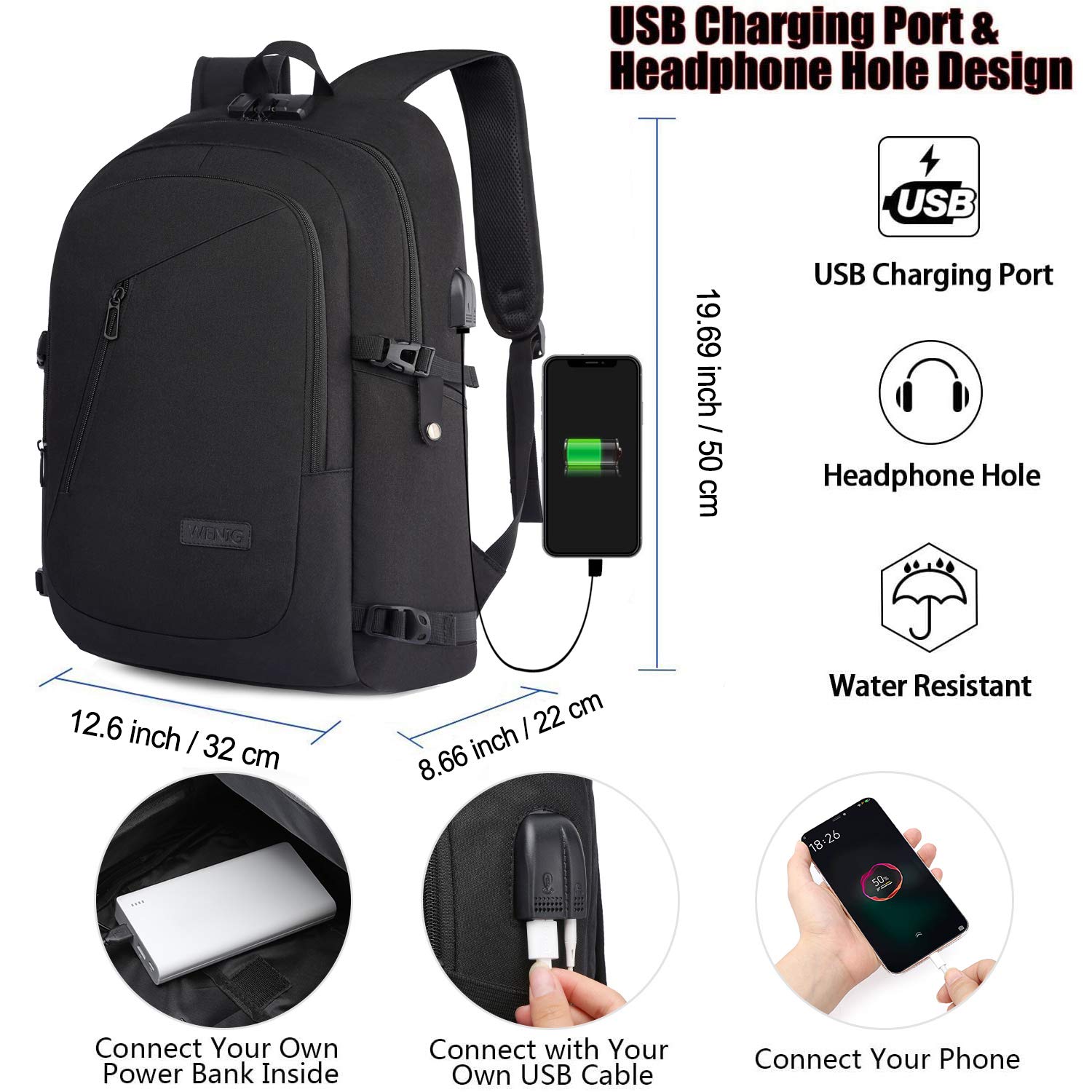 Zaino Uomo 17.3 Pollici Zaino Antifurto Impermeabile Grande Zaino per Laptop,Zaino Porta PC ,Zaino per Computer con Caricatore USB,Zaino Lavoro Uomo per Viaggio Ufficio Scuola Università - Nero