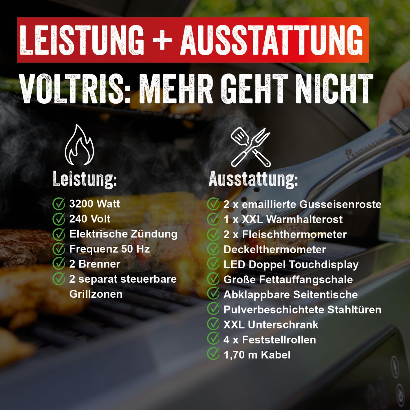 LANDMANN Elektro-Grillwagen EG-II-591 | Leistungsstarker Standgrill mit 2 Fleischthermometern & Deckelthermometer | Ohne Gas & ohne Kohle grillen | Grillfläche ca. 59 x 40,5 cm | 3200W [Schwarz]