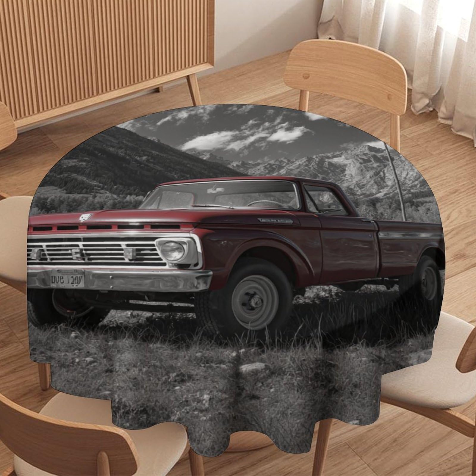 LUYYSKY Classic Rustic Red Truck Waterproof Round Tablecloth Retro Realistic Patriotic American Flag Antique Car Pattern Washable Table Cover for Kitchen-91.4" Wx91.4 L cm