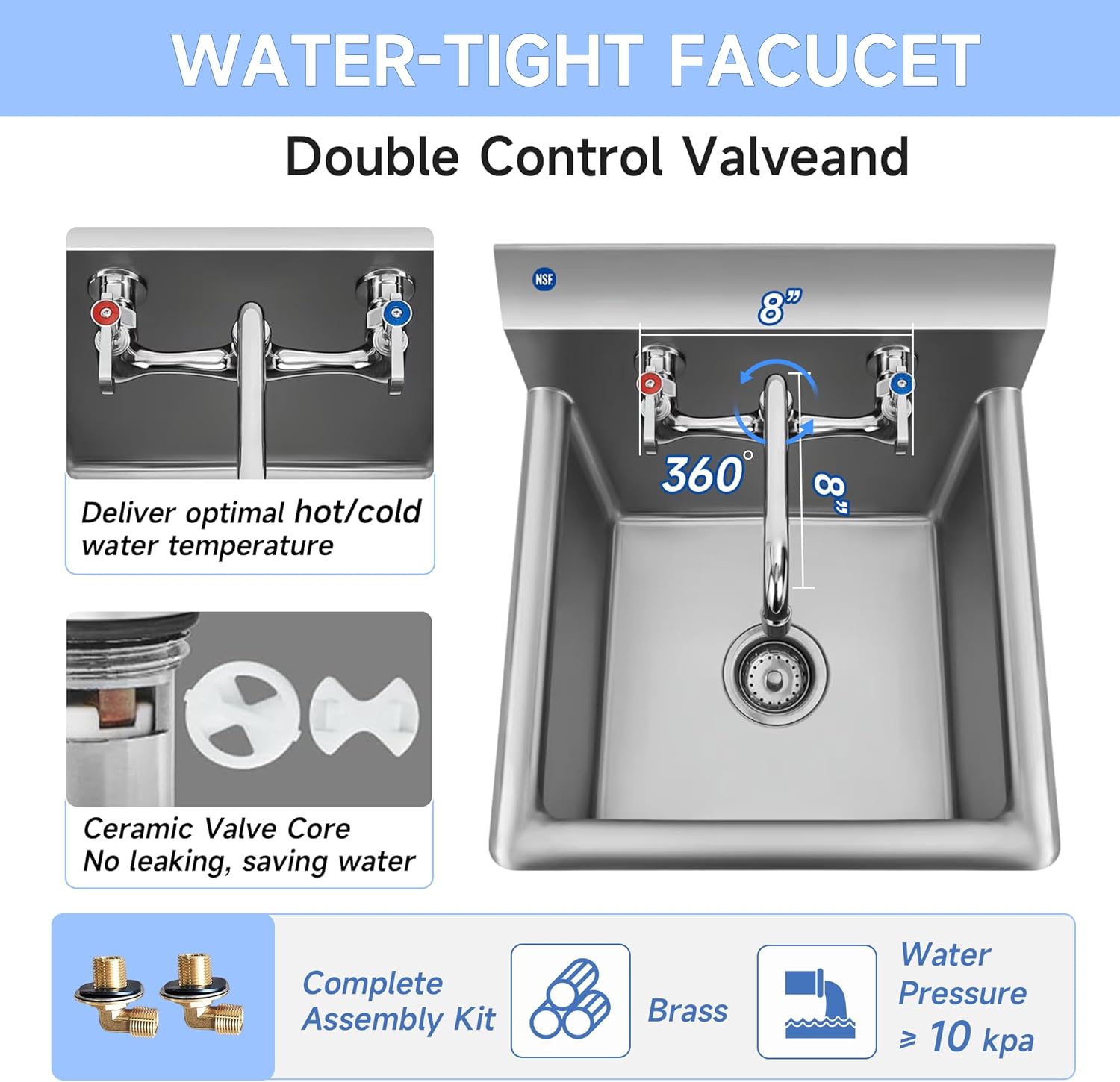 ROCKPOINT Stainless Steel Prep & Utility Sink with 8" Faucet, 1 Compartment Commercial Handmade Sink with 18" D x 18" W x 12" H Bowl for Restaurant,Kitchen,Laundry,Hotel and Home