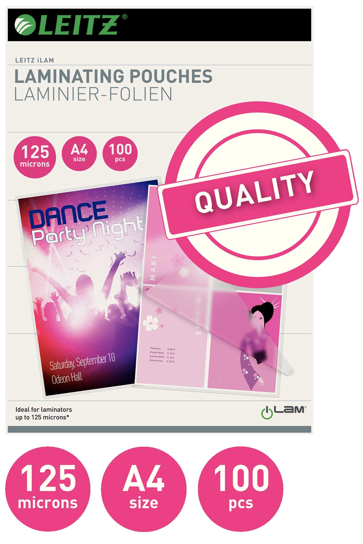 Leitz, Laminator iLAM Home Office A4, Odpwiedni do Domowego Biura, Kolor Szary, 73680089 & Leitz 74300002 Folia Do Laminatorów, Bezbarwny, 100 Sztuk