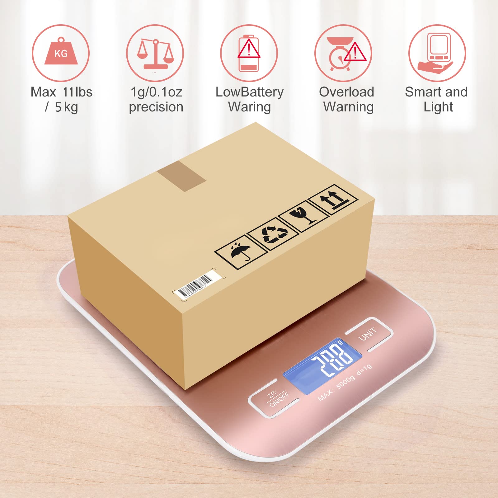 MarFul - Bilancia digitale per spedizioni, bilancia da cucina, pannello in acciaio inox, accurata, 5 kg/1 g, per confezioni, piccole imprese, cucina, cibo, fatto a mano, liquidi e boutique (oro rosa)
