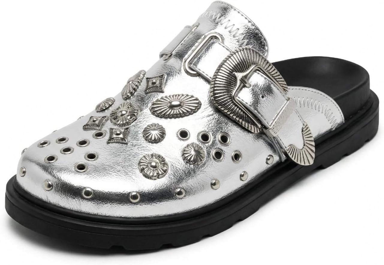 Women's Y2K Retro Leather Mules, Studded Closed Toe Platform Clogs with Large Metal Buckle, Trendy Slip On Shoes for All Season