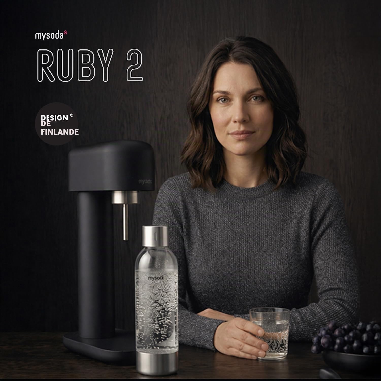 Mysoda Ruby 2 - Machine à eau pétillante design avec une bouteille d'eau en PET (sans cylindre de CO2) - Noir-Argent