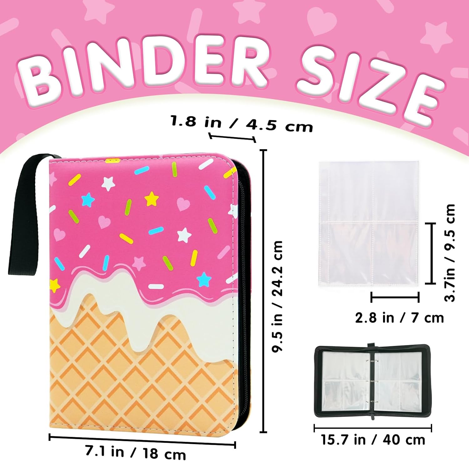 Cute Ice Cream Cake Card Binder for Girls, 400 Pocket Card Album Gifts, Ice Cream Donut Trading Game Card Holder Album for Standard Size Cards, Collectible Game Collection Case (PInk)