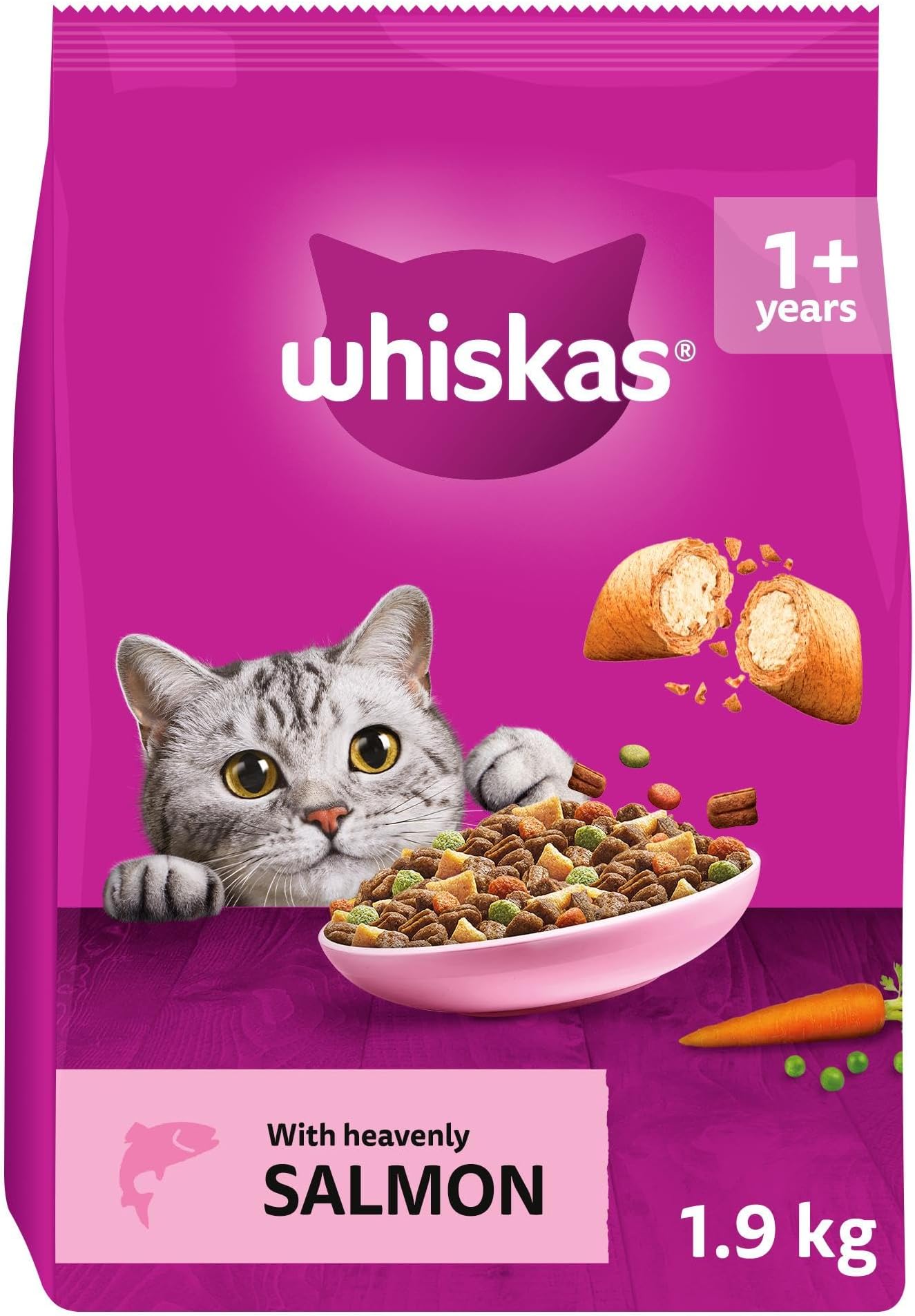 WHISKAS Adult Dry Cat Food 1.9kg with Salmon (Pack of 4)