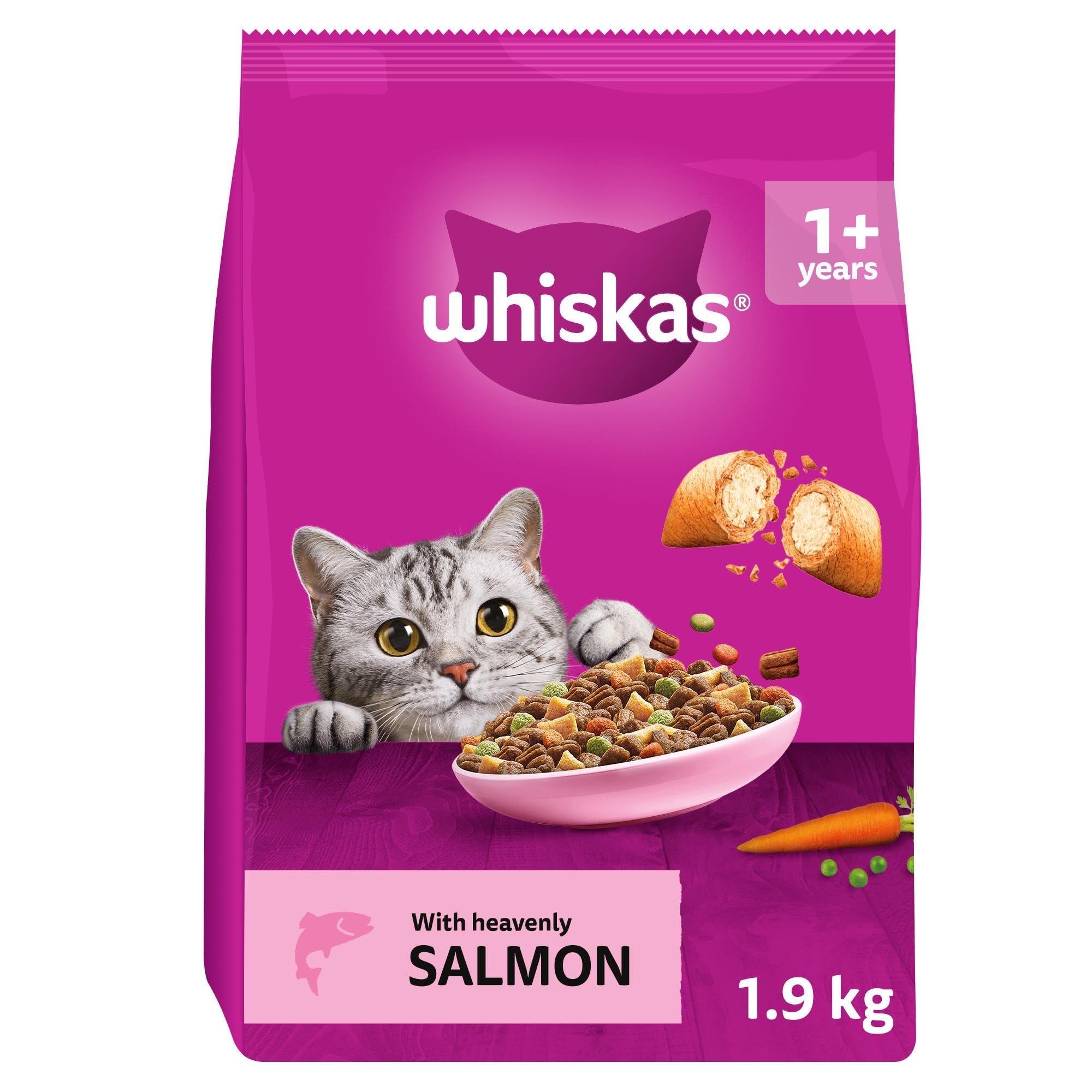 WHISKAS Adult Dry Cat Food 1.9kg with Salmon (Pack of 4)