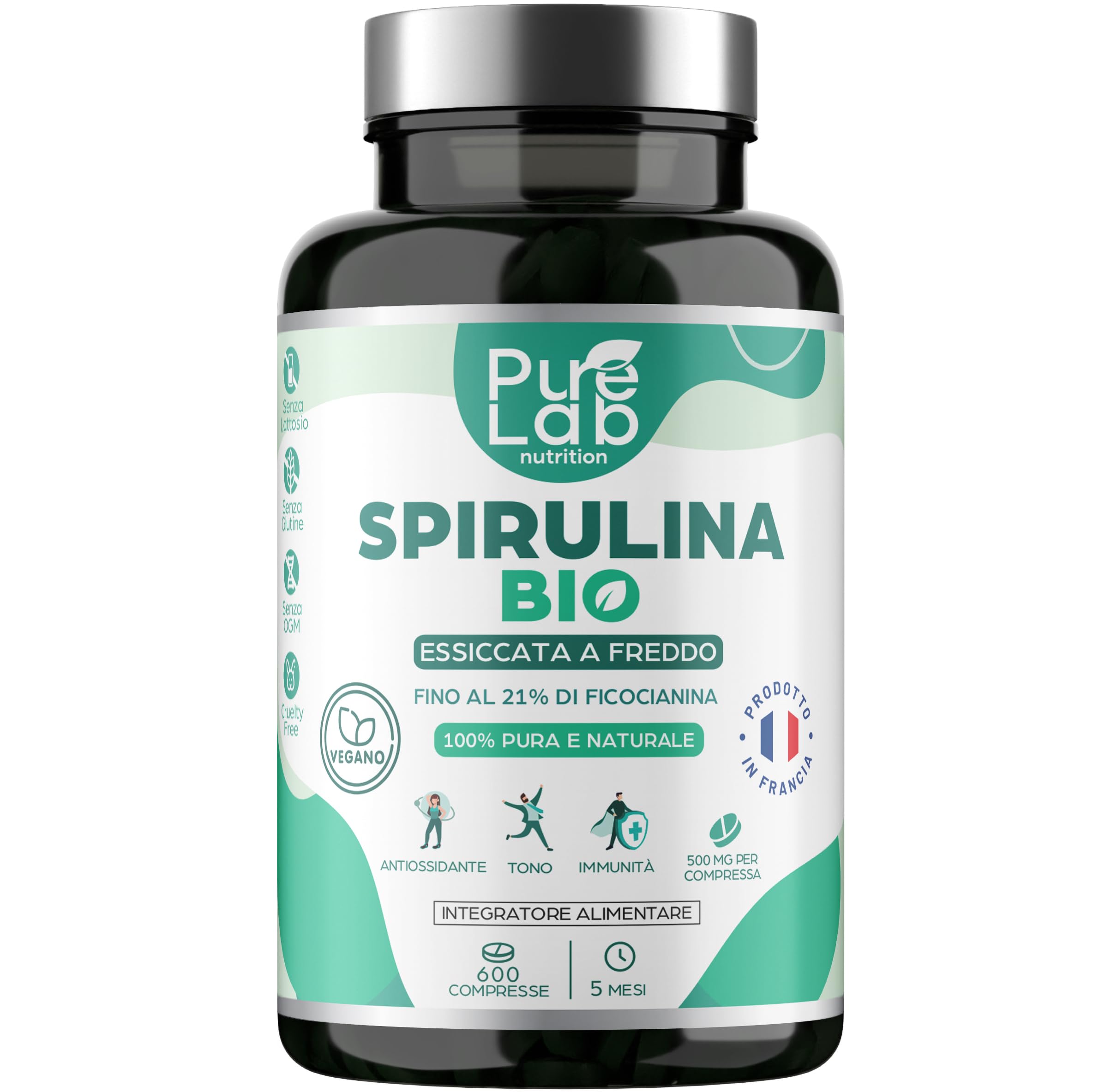 Spirulina Bio - 600 Compresse Vegan, Scorta di 5 Mesi - 21% Ficocianina, 66% Proteine - Essiccata a Freddo - Antiossidante, Energia, Immunità - Senza Eccipienti né Additivi - Prodotto in Francia