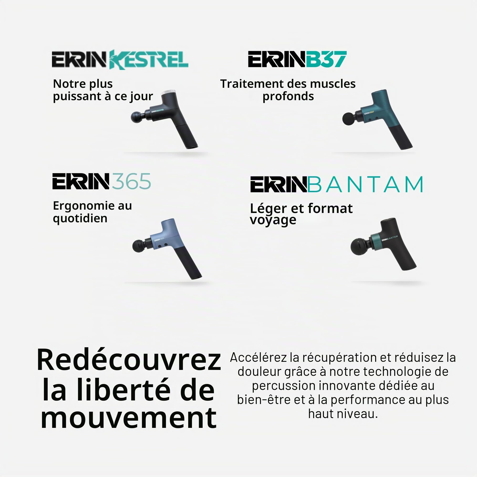Ekrin Athletics Bantam Mini pistolet de massage à percussion fin et léger pour les muscles endoloris et la récupération, longue durée de vie de la batterie, 3 vitesses et 4 accessoires, bougez mieux