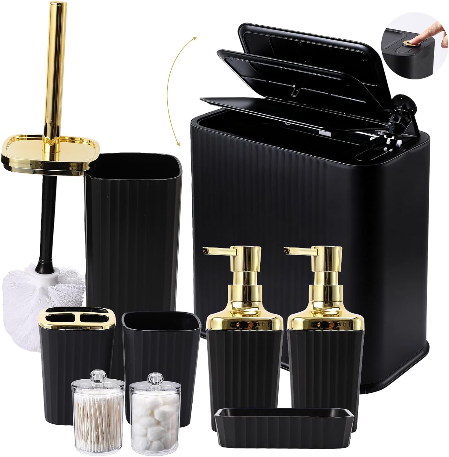 9-Piece Black & Gold Bathroom Set with Press-Top Slim Trash Can - Modern Bathroom Accessories Sets with Toilet Brush, Soap Dispenser, Toothbrush Set, Soap Dish & Apothecary Jars