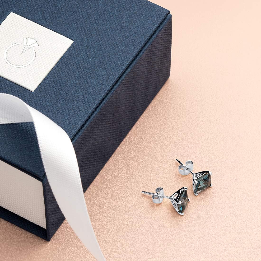 Peora Solid 14K White Gold London Blue Topaz Earrings for Women, Genuine Gemstone Solitaire Studs, Princess Cut, 6mm, 2.50 Carats total, Friction Back, December Birthstone Earrings, Gold Studs